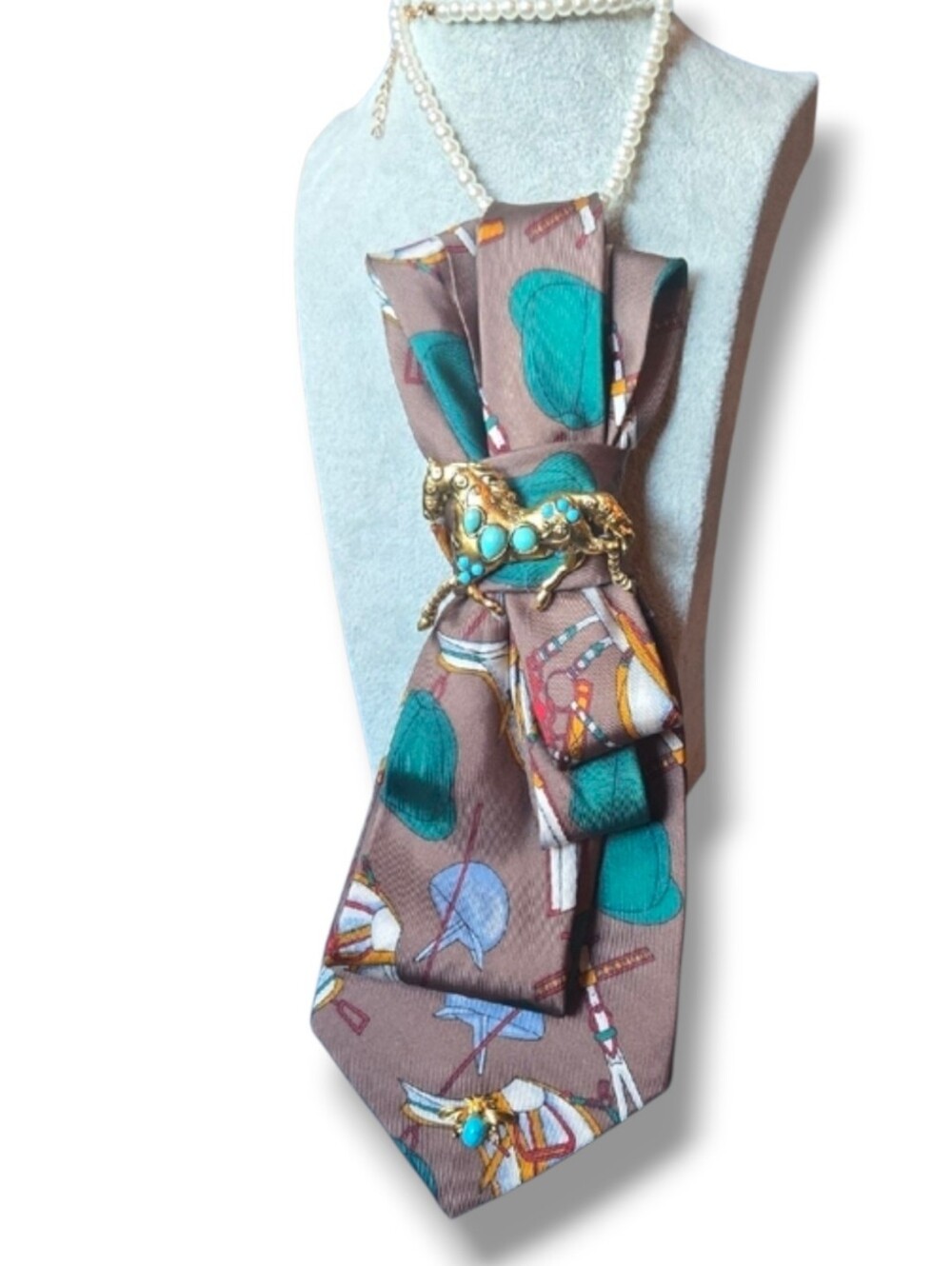 3/$60 Brown & Teal Equestrian Pattern Folded Cravat Turquoise Horse Brooch